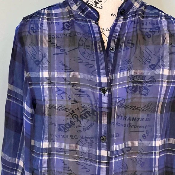 Rag & Bone Byron Button-Front Silk Sheer Chiffon Plaid Blue Black XXS Like New - Picture 8 of 11